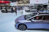 New car models are displayed at the Beijing motor show in the Chinese capital on April 24, 2026. (Kyodo)