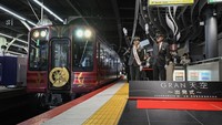 This photo taken on April 24, 2026, shows Gran Tenku, a new sightseeing train that connects Osaka to Mount Koya, at Namba Station in Osaka. (Kyodo)