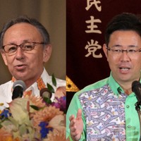 沖縄県知事選への立候補を表明した玉城デニー知事（左）と元那覇市副市長の古謝玄太氏