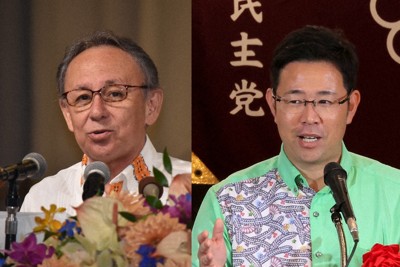 沖縄県知事選への立候補を表明した玉城デニー知事（左）と元那覇市副市長の古謝玄太氏