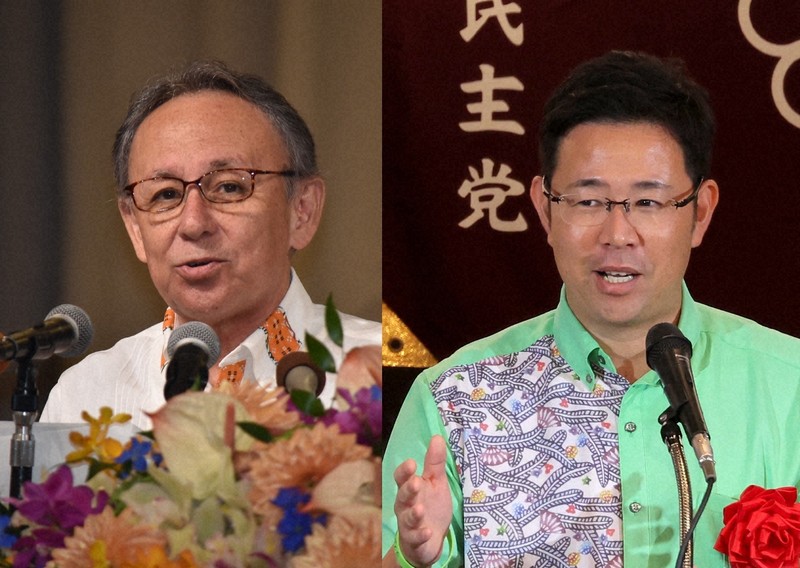 沖縄県知事選への立候補を表明した玉城デニー知事（左）と元那覇市副市長の古謝玄太氏