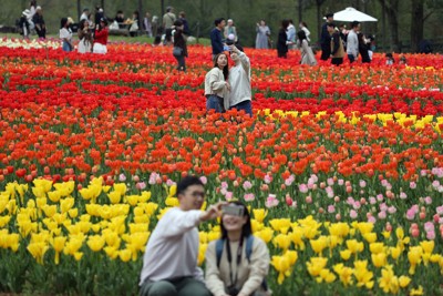 見ごろを迎えた世羅高原農場のチューリップをバックに写真に納まる来場者ら＝広島県世羅町で2026年4月19日、佐藤賢二郎撮影