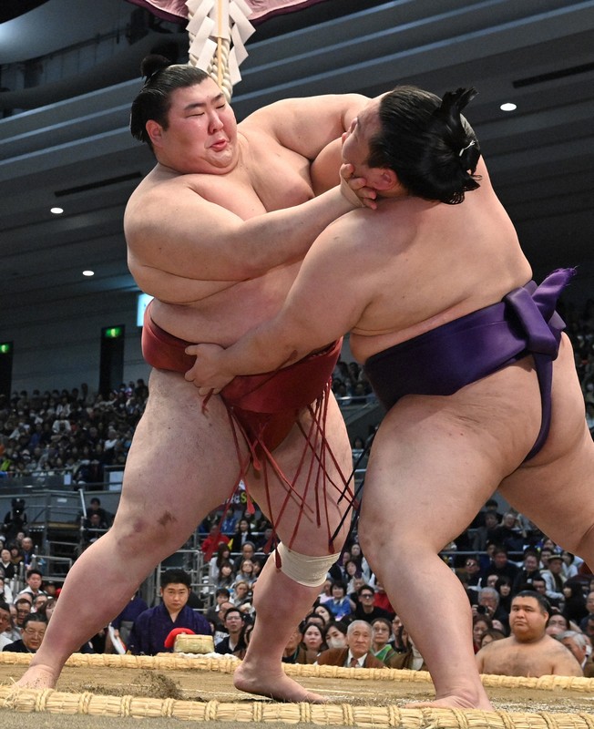 熱海富士（左）が押し出しで美ノ海を降す＝エディオンアリーナ大阪で2026年3月17日、大西岳彦撮影