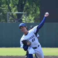 5回を投げ1安打無失点と好投したエイジェックの先発、谷内隆悟＝栃木県足利市で2026年4月26日、大場あい撮影