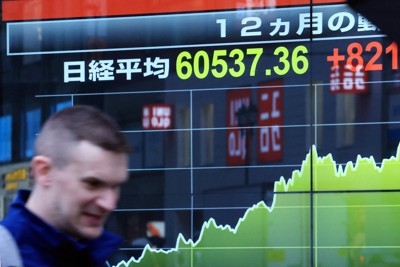 日経平均株価の終値が6万円を超えたことを表示する街頭のモニター＝東京都新宿区で2026年4月27日午後5時17分、滝川大貴撮影