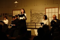 A staged reading titled "Reading a Romanized Diary" is held on a stage resembling Takuboku's boarding house in Tokyo's Hongo district, in this photo taken in Morioka on April 12, 2026. (Mainichi/Masaki Takahashi)