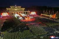 This photo taken on April 26, 2026, shows a memorial concert in front of the Memorial Museum of Combat Feats at the Overseas Military Operations in Pyongyang. (KCNA/Kyodo)