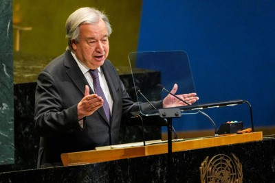 NPT再検討会議で演説するグテレス国連事務総長＝米ニューヨークで2026年4月27日、ロイター