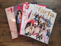 This photo taken on March 9, 2026, shows back issues of la farfa magazine. (Kyodo) 
