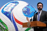New York City Mayor Zohran Mamdani speaks in front of a large soccer ball during a news conference in the Staten Island borough of New York, April 27, 2026. (AP Photo/Seth Wenig)