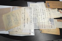 This photo taken in New York on April 22, 2026, shows thank-you letters kept at the Japanese American Association of New York. (Kyodo)