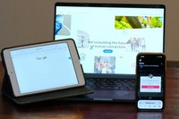 The home pages of Meta, Google and TikTok are displayed on devices in Sydney, on April 28, 2026. (AP Photo/Rick Rycroft)