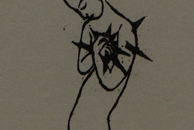 三重県立美術館に収蔵された久保舎己さんの版画「本当に心が痛むんだよ」（1999年）。つらいことがあった時の自身の姿を描いたとみられる（同館提供）