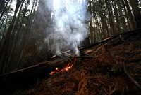 A fire smolders on a hillside in Otsuchi, Iwate Prefecture, April 27, 2026. The wildfire in the town has consumed the second largest area of any forest fire in Japan since the Heisei era (1989-2019). (Mainichi/Natsuki Nishi)