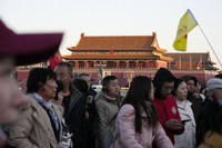 Tourists visit Tiananmen Square in Beijing on March 9, 2026. (Kyodo)