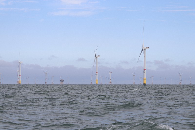 ベルギー北西部オーステンデ沖の洋上風力発電機。隣接海域に、新たな洋上風力発電所と、変電、送電設備などを備えたエネルギー島の建設が計画されている＝2023年8月、宮川裕章撮影
