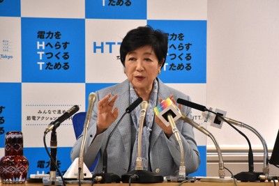 定例記者会見で、樹木の一斉点検の結果について言及する小池百合子・東京都知事＝東京都新宿区の都庁で2026年5月1日午後2時4分、田中綾乃撮影