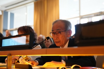 米ニューヨークの国連本部で演説する日本原水爆被害者団体協議会の浜住治郎事務局長＝2026年5月1日午前10時15分（代表撮影）