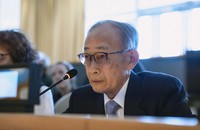 Jiro Hamasumi, secretary general of Japan's leading group of atomic bomb survivors, Nihon Hidankyo, speaks during a session for nongovernmental organizations at a review conference of the Nuclear Non-Proliferation Treaty at the United Nations in New York on May 1, 2026. (Kyodo)