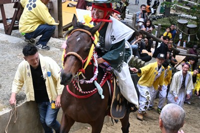 坂を駆け上がる祭馬と騎手＝桑名市の多度大社で2026年5月4日午後2時22分、石本万象撮影