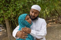 Maruf Hasan, brother of Mohammad Abdullah Al Mamun comforts his mother, Shahida Khatun, as she weeps at their home in Rasulpur village in the Mymensingh district, Bangladesh, April 17, 2026. (AP Photo/Rajib Dhar)