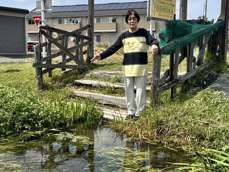 元荒川源流域のムサシトミヨ生育域を観察する江守和枝さん＝熊谷市久下で2026年4月28日午後1時9分、隈元浩彦撮影