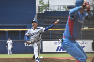 【千曲川ク－バイタルネット】バイタルネット先発の松田賢大＝ハードオフ・エコスタジアム新潟で2026年5月4日、杉尾直哉撮影