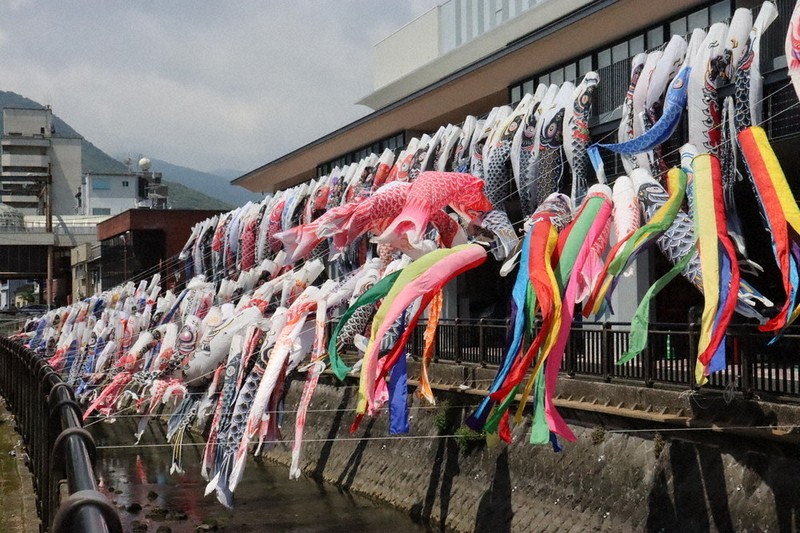 島原市役所で「泳ぐ」こいのぼり＝長崎県島原市上の町で2026年4月27日午前11時31分、久保田修寿撮影
