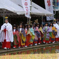 色鮮やかな稚児打ち掛け姿で「八乙女」を務める女子児童たち＝伊勢市の猿田彦神社の神田で2026年5月5日午後2時27分、下村恵美撮影