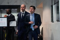 Sam Altman, right, and OpenAI president Greg Brockman, center, arrive at the U.S. District Court in Oakland, Calif., April 30, 2026. (AP Photo/Godofredo A. Vasquez)