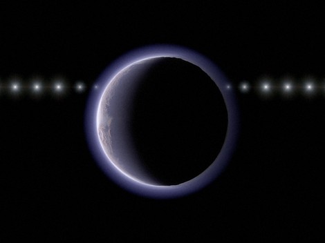 This image provided by NAOJ shows artist's impression of the trans-Neptunian object (612533) 2002 XV93 occulting a background star. Observations of a stellar occultation in January 2024 revealed gradual fading and recovery of the starlight, providing evidence for a very thin atmosphere around the object. (Ko Arimatsu/NAOJ via AP)