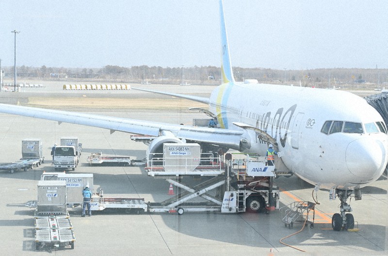 飛行機から荷物を搬出するグラハン事業者ら＝新千歳空港で2026年4月22日午前8時46分、和田幸栞撮影