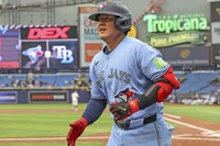 Kazuma Okamoto of the Toronto Blue Jays celebrates his home run against the Tampa Bay Rays at Tropicana Field in St. Petersburg, Florida, on May 5, 2026. (Getty/Kyodo) 
