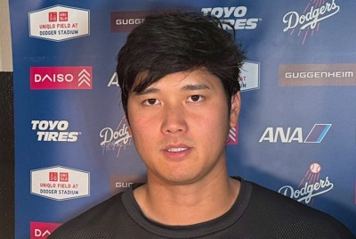 アストロズ戦後、取材に応じるドジャース・大谷翔平（撮影・奥田　秀樹通信員）