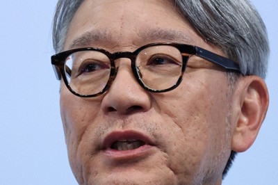 決算記者会見で質問に答えるホンダの三部敏宏社長＝東京都新宿区で2026年5月14日午後2時24分、鈴木紫門撮影