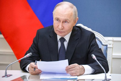 ロシアとベラルーシの核戦力合同演習をオンラインで監督するプーチン露大統領＝モスクワで2026年5月21日、スプートニク通信・ロイター
