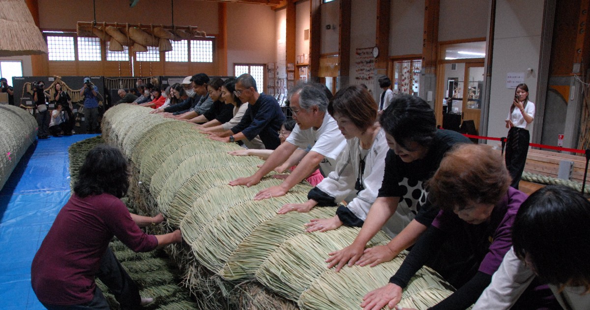 出雲大社の大しめ縄、8年ぶり架け替えへ 制作現場で菰巻き作業